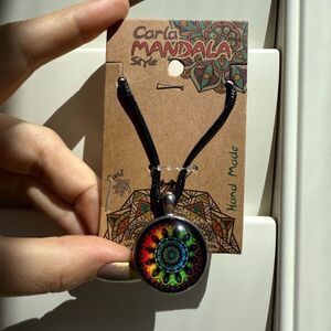 Carla Mandala Rainbow Glass Round Pendant Necklace in Black & Silver NWT